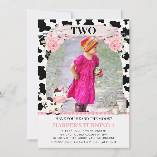 Invitation Vache rose Plaid Imprimer rose Floral Photo Annive (Devant)