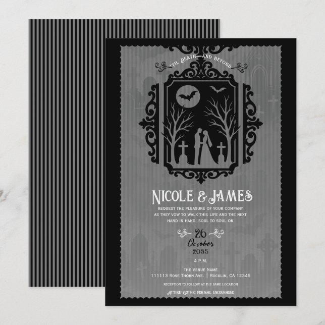 Invitation Vaches de cimetière Noir et gris Mariage gothique (Devant / Derrière)