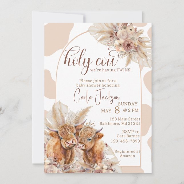 Invitation vaches de haute terre boho pampas herbe baby showe (Devant)