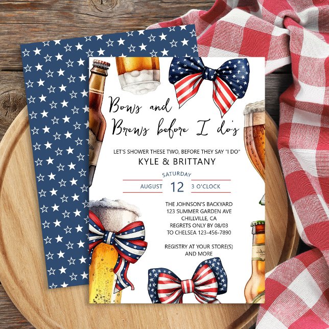 Invitation Vaches et brasses avant de faire Couples Wedding s (Patriotic Themed Couples Shower invitation with Bows and Brews before I do )