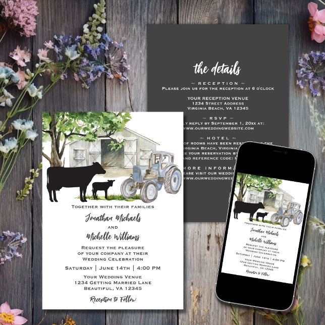 Invitation Vaches et tracteurs Country Farm Tout en un Mariag (Printed and Digital - Cows and Tractor Country Farm All in One Wedding Invitation)
