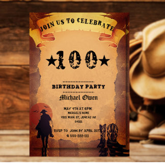 Invitation vachette de 100 ans cow-boy vieux papier cheval à 
