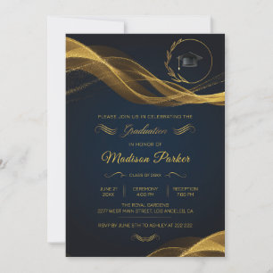 Invitation Vague brillante d'or sur la Graduation bleue