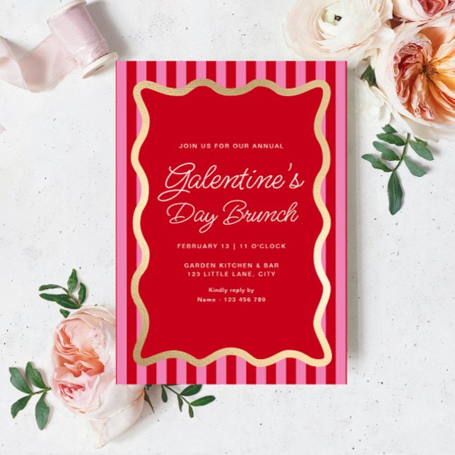 Invitation Vague Red Pink Stripe Galentine's Day Brunch (Galentines Brunch Invitation Hot Pink Stripe)