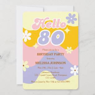 Invitation Vague Rétro Fleur Groovy Bon Anniversaire 80 Ans