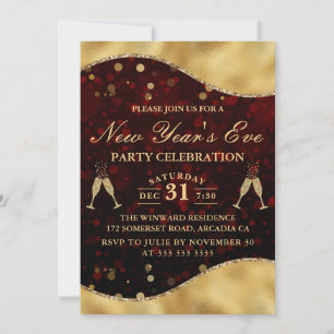 Invitation Vague rouge et or bordure Nouvel An Soirée