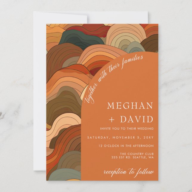 Invitation Vagues Abstraites rétro Mariage orange en terre cu (Devant)