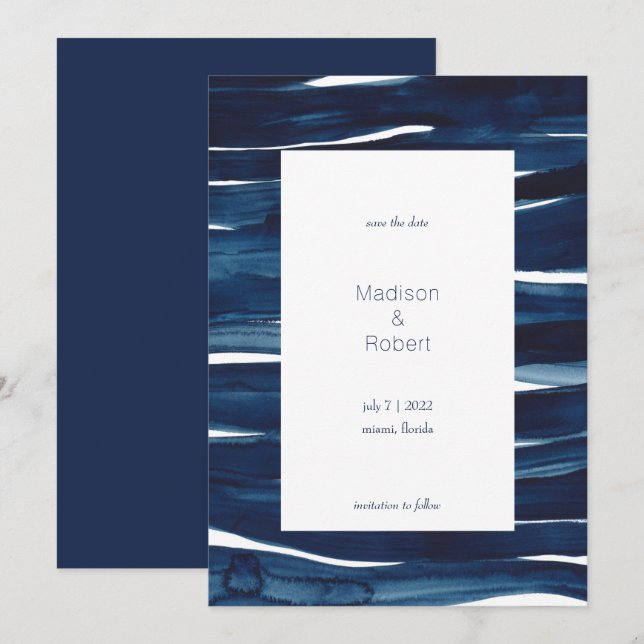 Invitation Vagues d'aquarelle bleu marine moderne Sauvez la d (Devant / Derrière)
