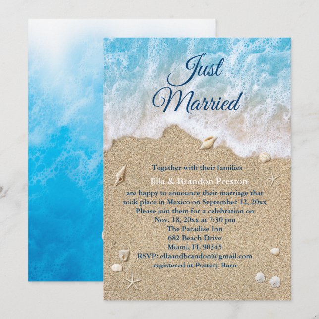 Invitation Vagues de plage bleues Jeunes mariés Post mariage (Devant / Derrière)