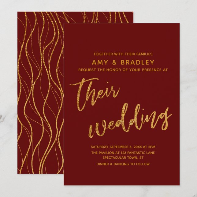 Invitation Vagues d'or moderne et écriture manuscrite Mariage (Devant / Derrière)