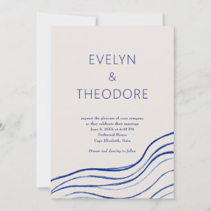 Invitation Vagues océaniques bleu marine Code QR Mariage côti