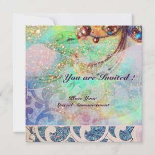 Invitation VAGUES , rouge vif  bleu vert rose doré scintille