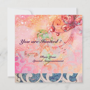 Invitation VAGUES RUBIS, rouge vif bleu rose paillettes doré