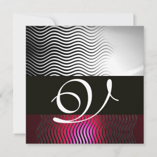 Invitation VAGUES STYLÉES MONOGRAMME,Blanc Rouge Rubis Bourgo