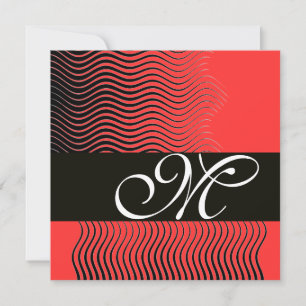 Invitation VAGUES STYLÉES MONOGRAMME, noir et blanc, rouge