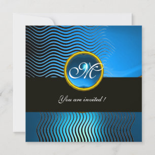 Invitation VAGUES STYLÉES MONOGRAMME, saphir bleu