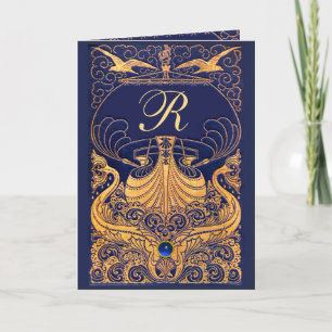 Invitation Vaisseau antique, Dauphins, Or, Monogramme bleu ma