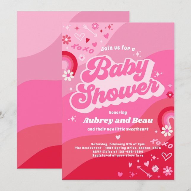 Invitation Valentine Baby shower Super Baby Love Baby shower (Devant / Derrière)