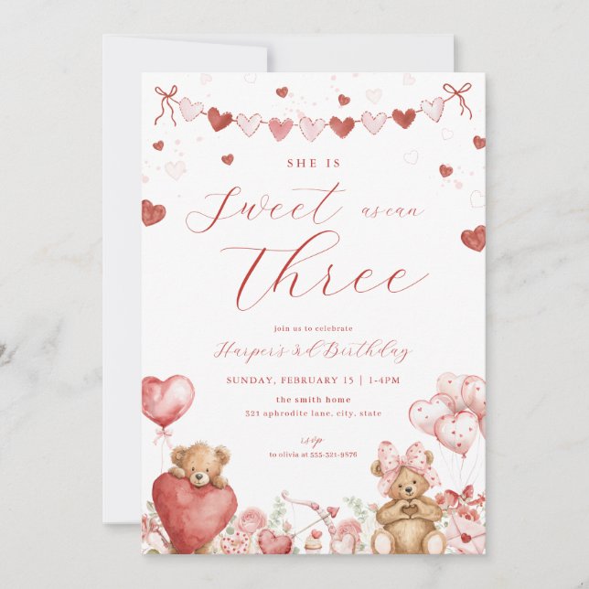 Invitation Valentine Bear Hearts Sweet Third Birthday Invite (Devant)