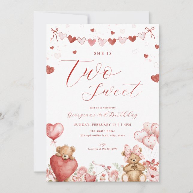 Invitation Valentine Bear Two Sweet Second Birthday Invite (Devant)