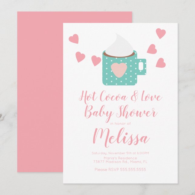 Invitation Valentine Cocoa Campfire Mug Girl Baby shower rose (Devant / Derrière)