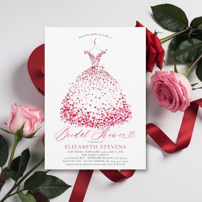 Invitation Valentine Coeurs habiller Elégante Fête des mariée (valentine bridal shower invitations whimsical hearts watercolor elegant dress bow modern minimalist)
