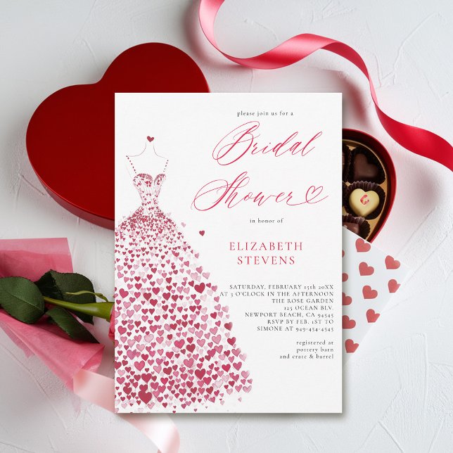 Invitation Valentine Coeurs Robe Élégante Fête des mariées ch (valentine bridal shower invitations whimsical hearts watercolor elegant dress modern minimalist chic)