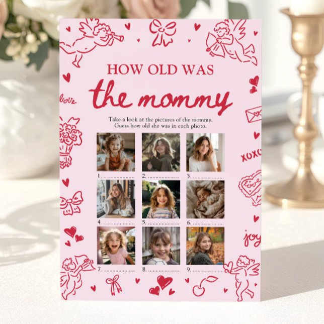 Invitation Valentine Dessin à la Main Quel âge avait la maman (Valentine Hand Drawn How Old Was The Mommy Game)