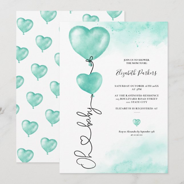 Invitation Valentine oh bébé amour coeur vert baby shower (Devant / Derrière)