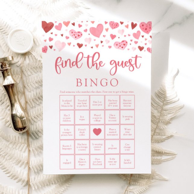 Invitation Valentine Trouvez l'invité Baby shower de Bingo (Watercolor Pink Red Hearts Valentine A Little Sweetheart Girl Find the Guest Bingo Baby Shower Game)