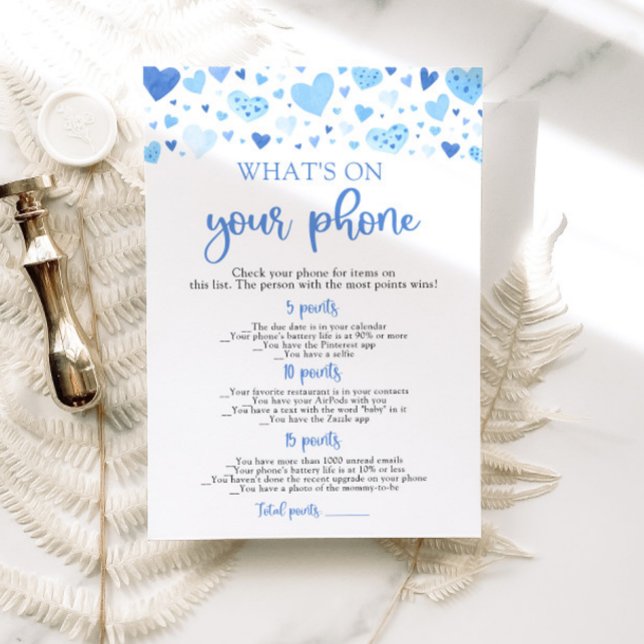 Invitation Valentine What's On Your Phone Baby shower Game (Watercolor Cute Blue Hearts Valentine Sweetheart February Boy What's On Your Phone Baby Shower Game)