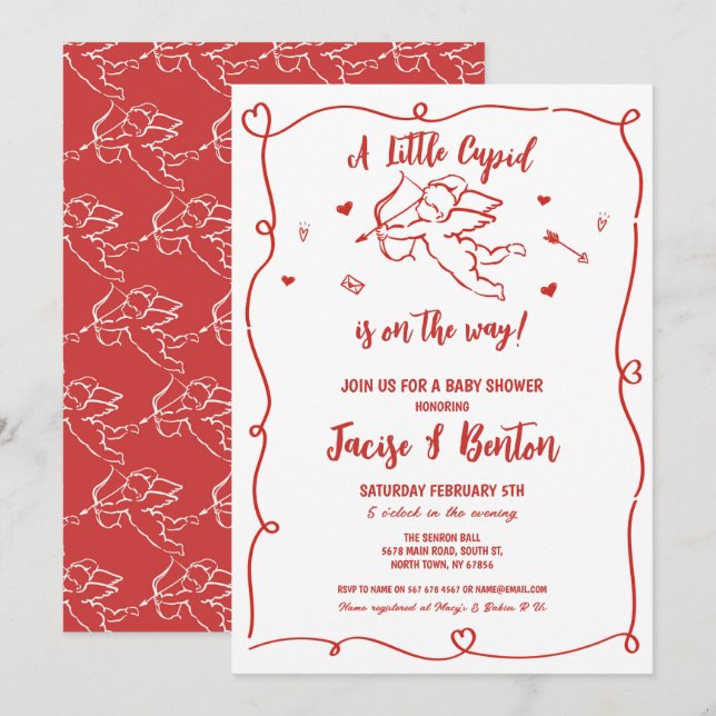 Invitation Valentines Baby shower Cupid Red Boy Love (Devant / Derrière)