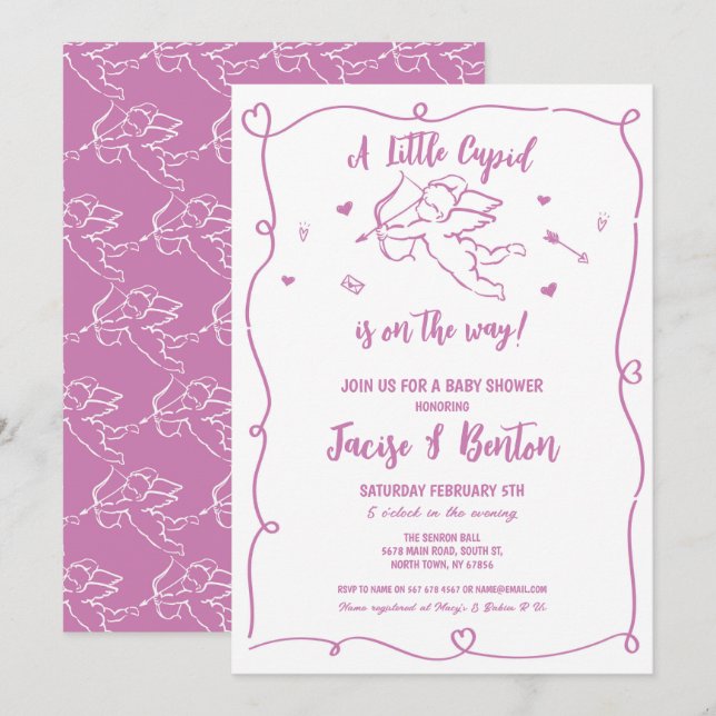 Invitation Valentines Baby shower Cupidé fille Rose amour (Devant / Derrière)