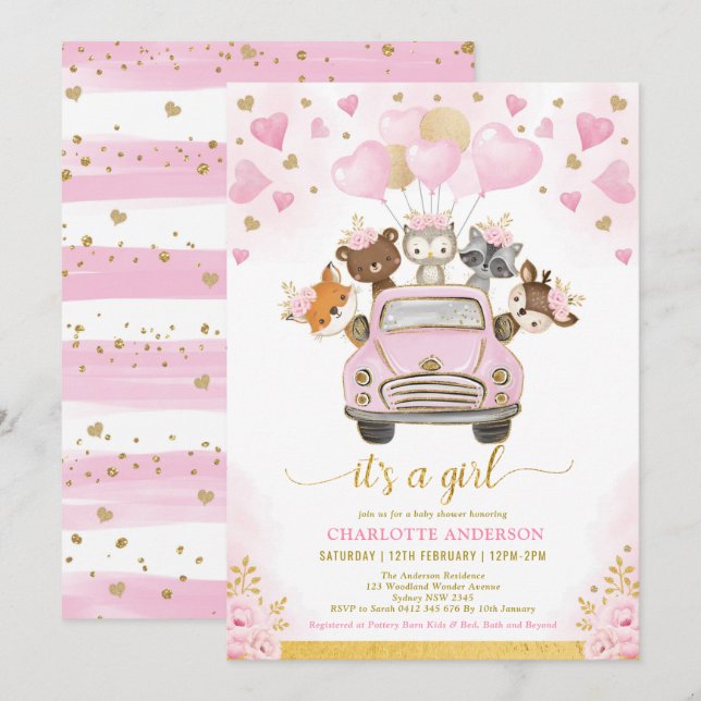 Invitation Valentines Baby shower de ballons d'or rose boisé (Devant / Derrière)