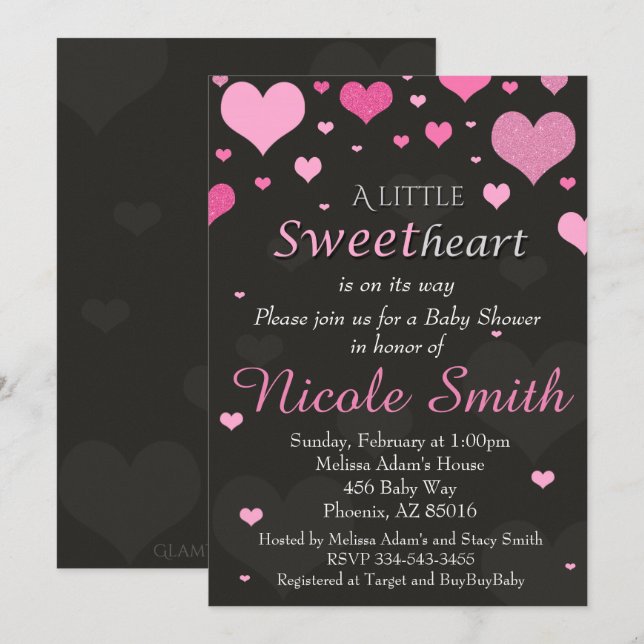 Invitation Valentines Baby shower Invitation, Douche Rose (Devant / Derrière)