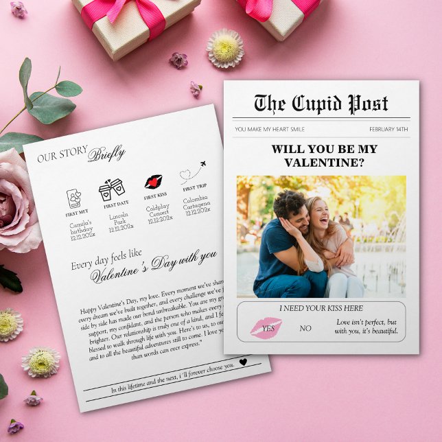 Invitation Valentines Day Newspaper Our Love Story Rose Lips (Valentines Day Newspaper Our Love Story Pink Lips Invitation)