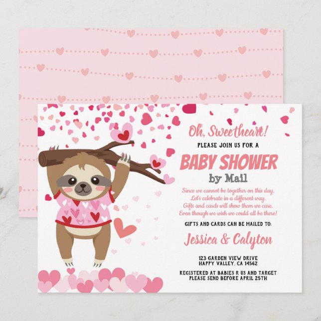 Invitation Valentines Day Sloth Girl Baby shower par la poste (Devant / Derrière)