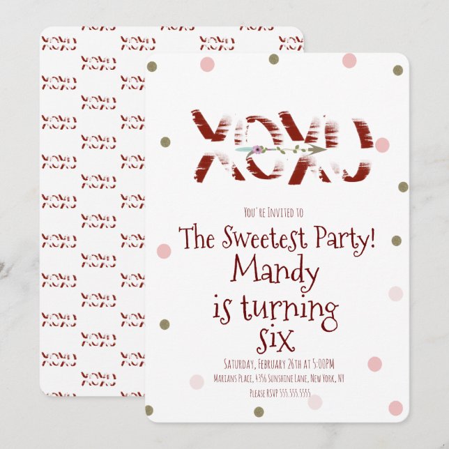 Invitation Valentines Day XOXO Hugs Baisers Confetti Party (Devant / Derrière)