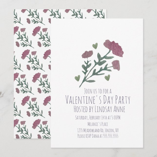 Invitation Valentines Jour de fête Coeur Aquarelle Fleurs (Devant / Derrière)