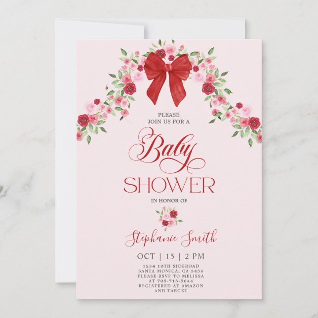 Invitation Valentines rose et rouge Baby shower fille (Devant)