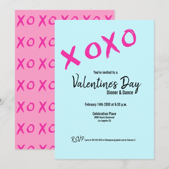 Invitation Valentines roses XOXO turquoises Dîner Dance Party (Devant / Derrière)