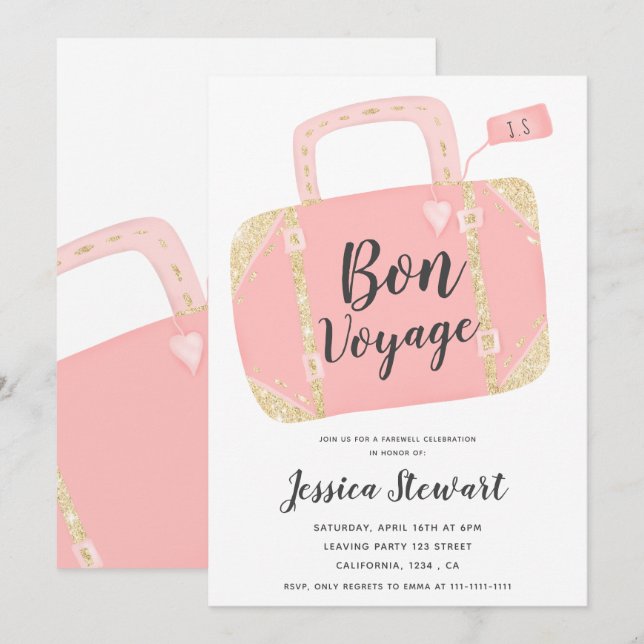 Invitation Valise bon voyage jaune or rose départ fête (Devant / Derrière)