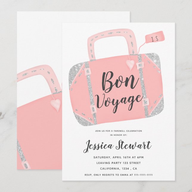 Invitation Valise rose argent bon voyage fête de départ (Devant / Derrière)