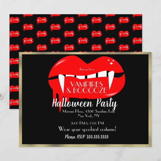 Invitation Vampire d'Halloween adulte Parti Rouge Noir et Or (Devant / Derrière)
