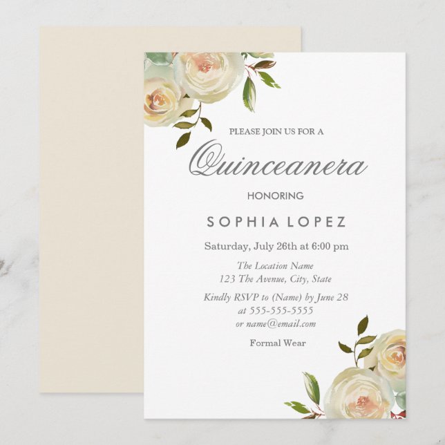 Invitation Vanille Crème blanche Roses Élégante Quinceanera (Devant / Derrière)
