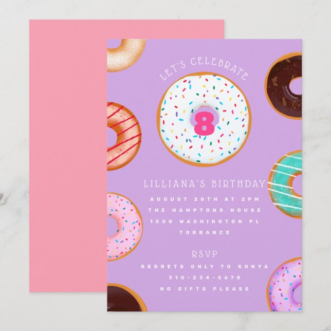 Invitation Variety Donuts rose violet Anniversaire de enfant (Devant / Derrière)
