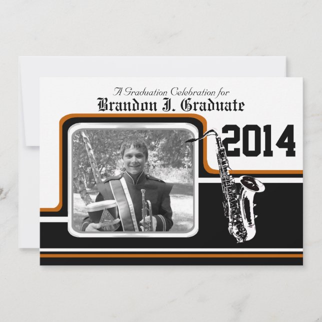 Invitation Varsity Band Saxophone Graduation Photo Orange (Devant)