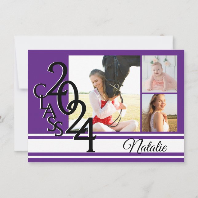 Invitation Varsity Purple 2024 Graduation Tri Photo (Devant)