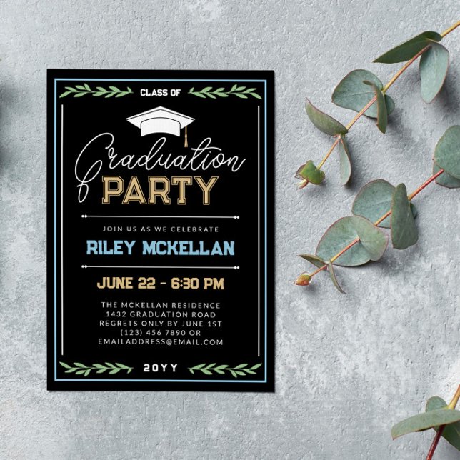 Invitation Varsity Typography Black Blue Graduation Party (Créateur téléchargé)