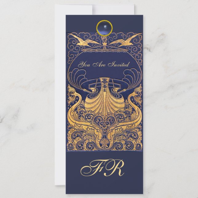 Invitation Vase Antique,Dauphins,Jaune,Monogramme Bleu Marine (Devant)
